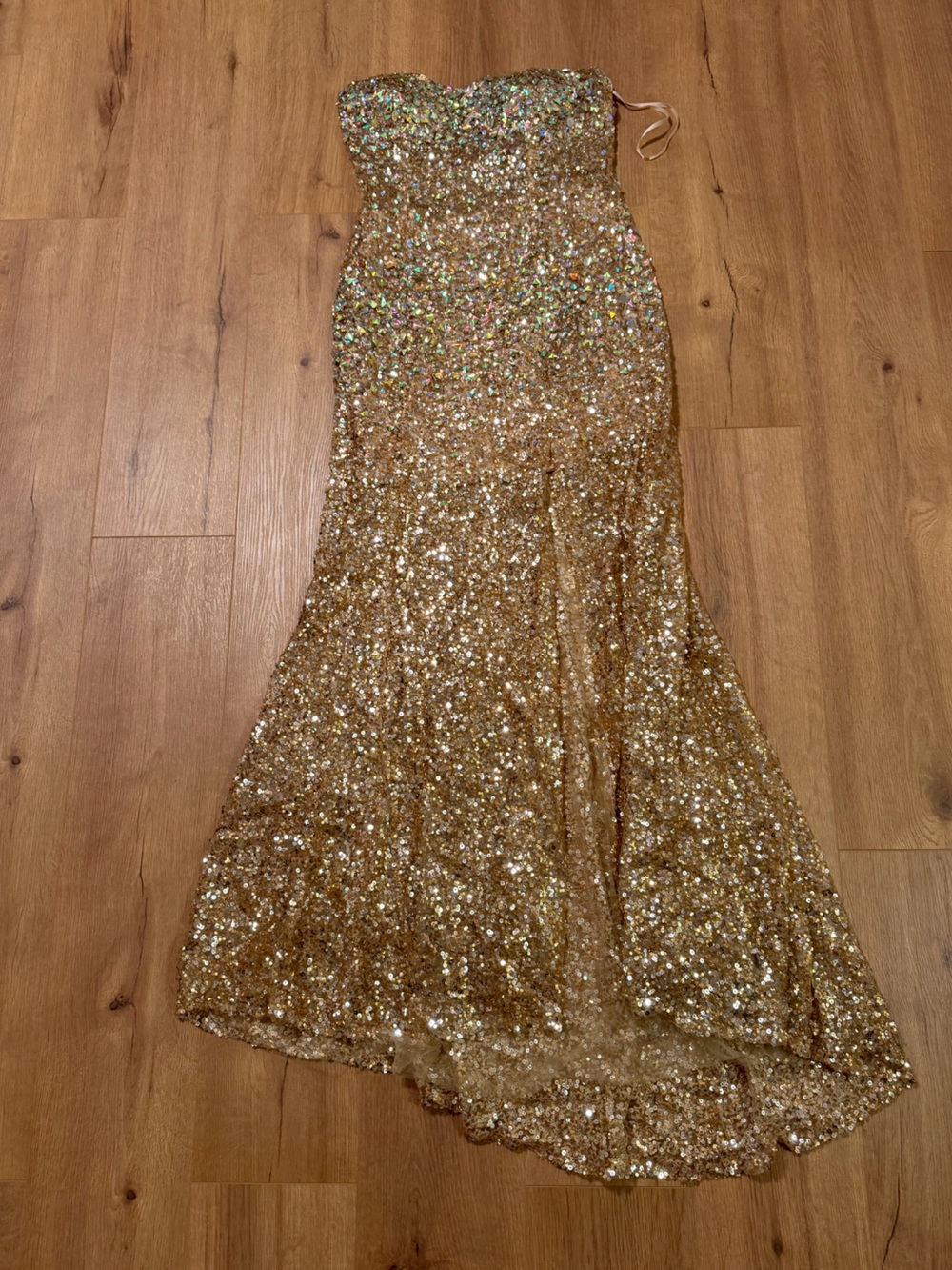 Strapless Gold Sequin Evening Gown
